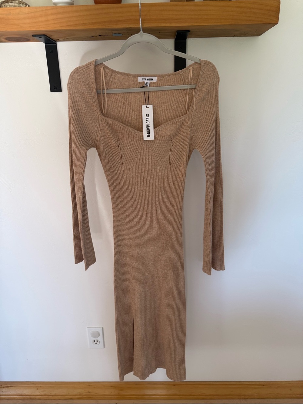 Steve Madden Camel Ribbed Square Neck Long Sleeve Midi Dress